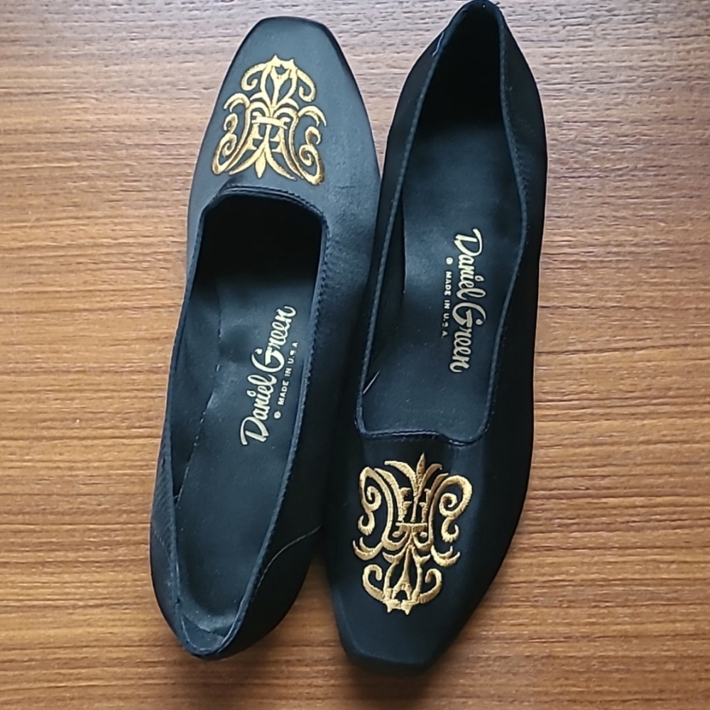 Daniel Green Women's Black Satin Shoes Flats with Gold Embroidery Adornment